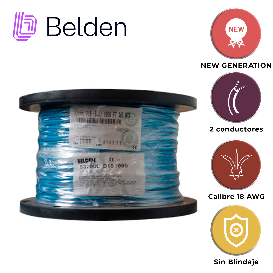 cable de alarma contra incendios belden 5320ul d151000 / interior / azul / 2 conductores / 18 awg / solido / forro pvc / cmr - fplr / bobina / 1000 pies 305 metros