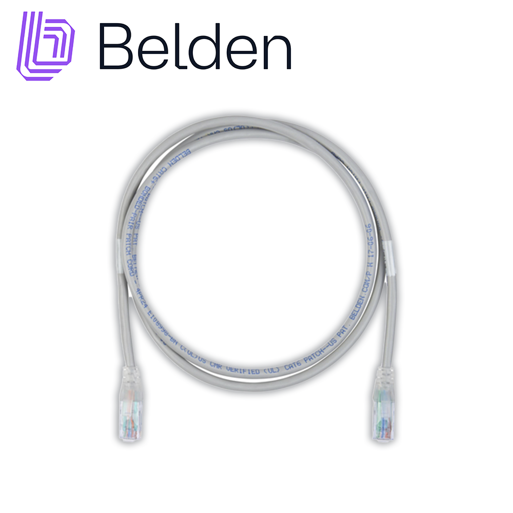 patch cord diametro reducido utp cat6+ belden c6d1108002 / interior / gris / 4 pares / 28 awg / forro pvc / cmr / 2 pies 0.6 metros