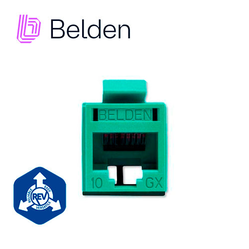 conector modular jack rj45 cat6a revconnect belden rvamjkugn-s1 estilo keyconnect verde compatible con faceplate ax102660ax102655ax102249 esquema de cableado t568a/b herramienta compatible rvutt01 uso interior calibre del conductor 23-24 awg