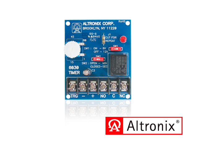 temporizador programable / rango de programacion de 1 segundo a 60 minutos / 6030 altronix / voltaje de 6 o 12 vcd consumo de corriente 3 ma modo reposo y 75 ma activado cuenta con contactos tipo c de 8a 120 vca o 28 vcd