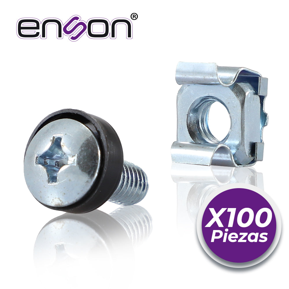 kit de tornillos y tuercas enjauladas enson ens-rt100 100pza compatibles con racks y gabinetes de la marca enson belden y gabinetes de la marca jaguar