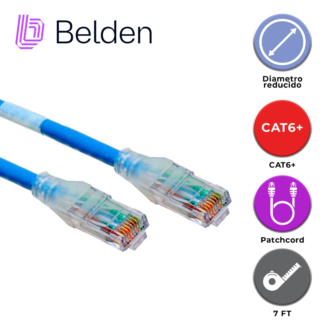 patch cord diametro reducido utp cat6+ belden c6d1106007 / interior / azul / 4 pares / 28 awg / forro pvc / cmr / 7 pies 2.1 metros