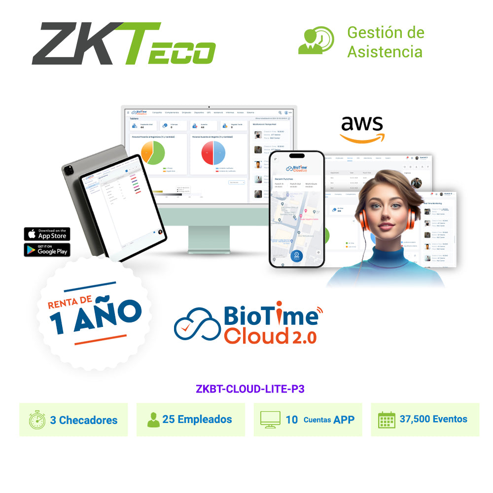 licencia de asistencia en la nube zkteco biotime cloud lite capacidad 3 checadores 25 empleados 10 app 37500 eventos / renta de 1 año