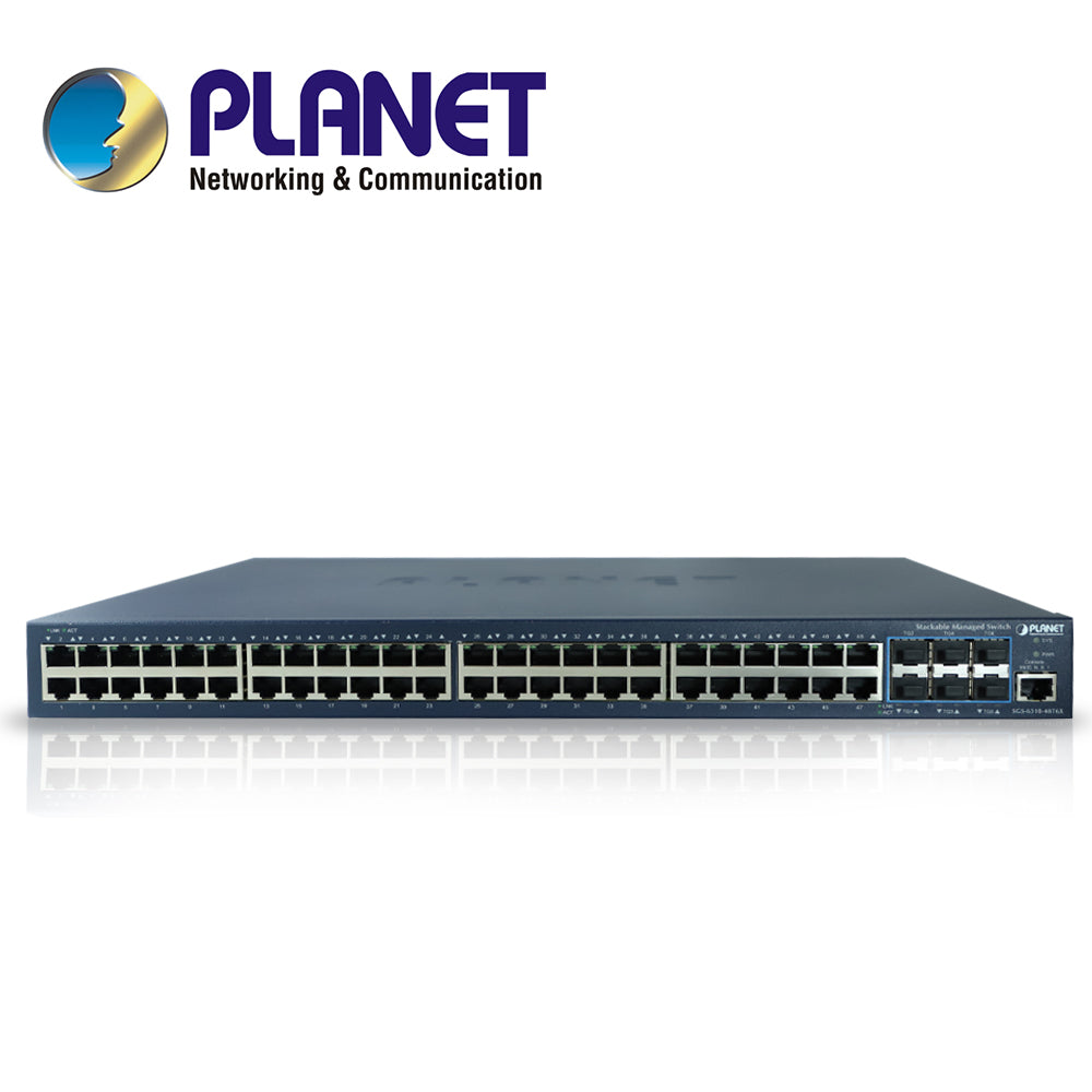 switch planet stacking sgs-6310-48t6x administrable l2 + l3 ruteo estatico/ 48 puertos rj45 velocidad de transmision 10/100/1000 mbps + 6 sfp velocidad de transmision 10 gb montaje en rack/temperatura de operacion 0-50 grados centigrados.