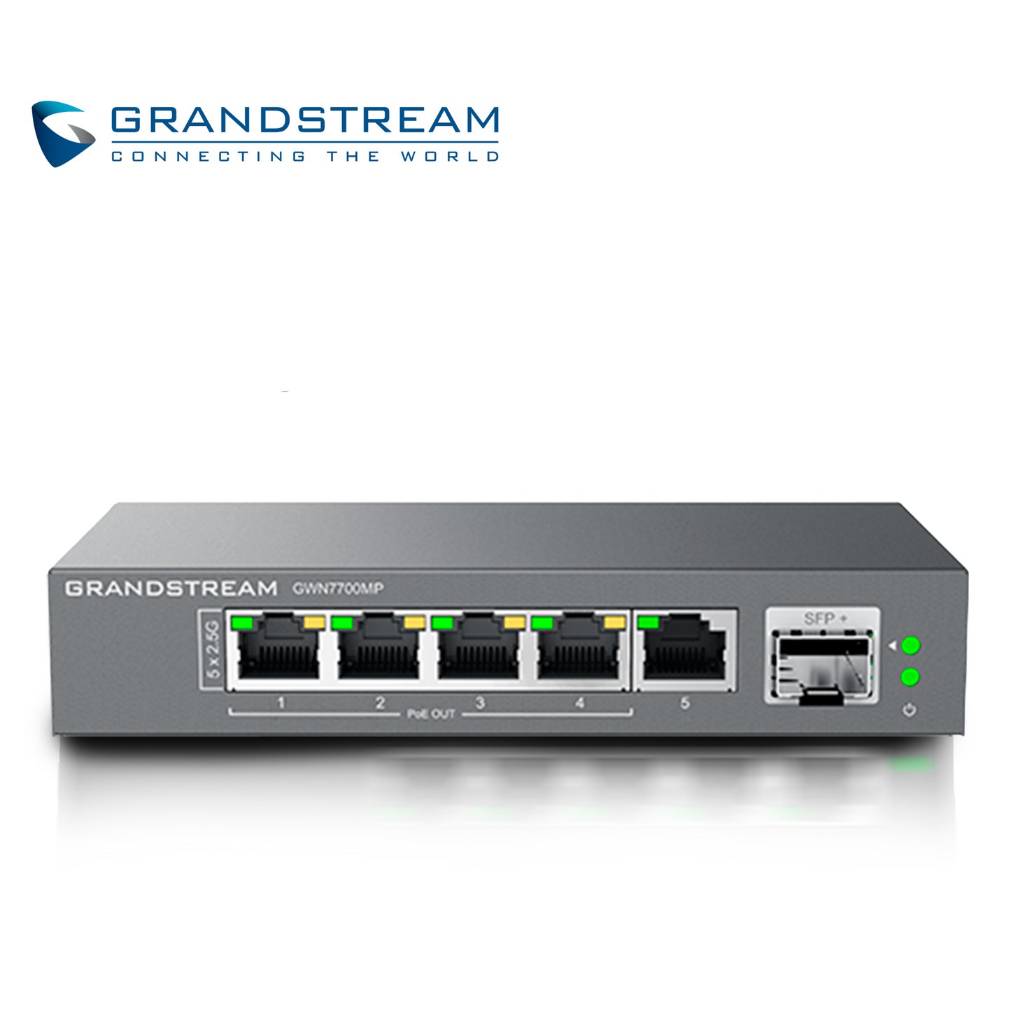 switch no administrable poe+ grandstream gwn7700mp / 5 puertos 10/100/1000/2500mbps / 4 puertos poe+ af/at / 1 puerto sfp+ 10gbps / montaje escritorio/pared / alimentacion 53.5vcd/1.22a / metalico