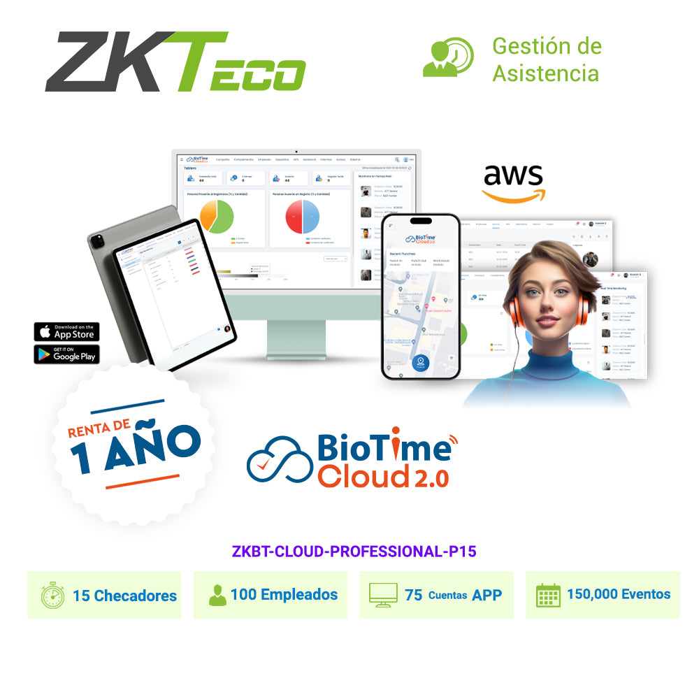 licencia de asistencia en la nube zkteco biotime cloud professional capacidad 15 checadores 100 empleados 75app 150000 eventos / renta de 1 año