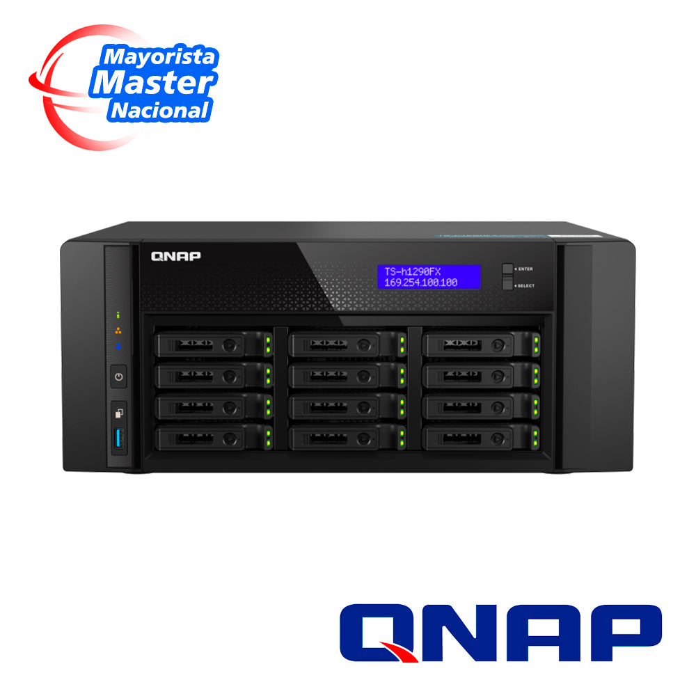 nas qnap ts-h1290fx-7232p-64g-us / procesador amd epyc / memoria ram 64gb / 12 bahias frontales sata-nvme 2.5 pulgadas / 2 puertos rj45 2.5gbe mas 2 puertos 25gbe sfp28 / montaje en escritorio / aplicaciones de uso enterprise y data center