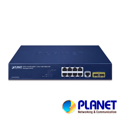 switch planet gs-4210-8t2s administrable l2 / 8 puertos rj45 velocidad de transmision 10/100/1000 mbps + 2 puertos sfp velocidad de transmision 1000 mbps + 1 puerto rj45 serial/ temperatura de operacion 0-50 grados centigrados