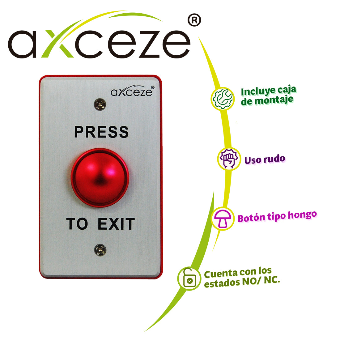 boton liberador push tipo hongo axceze ax-b70r en aluminio cuenta con los estados no nc