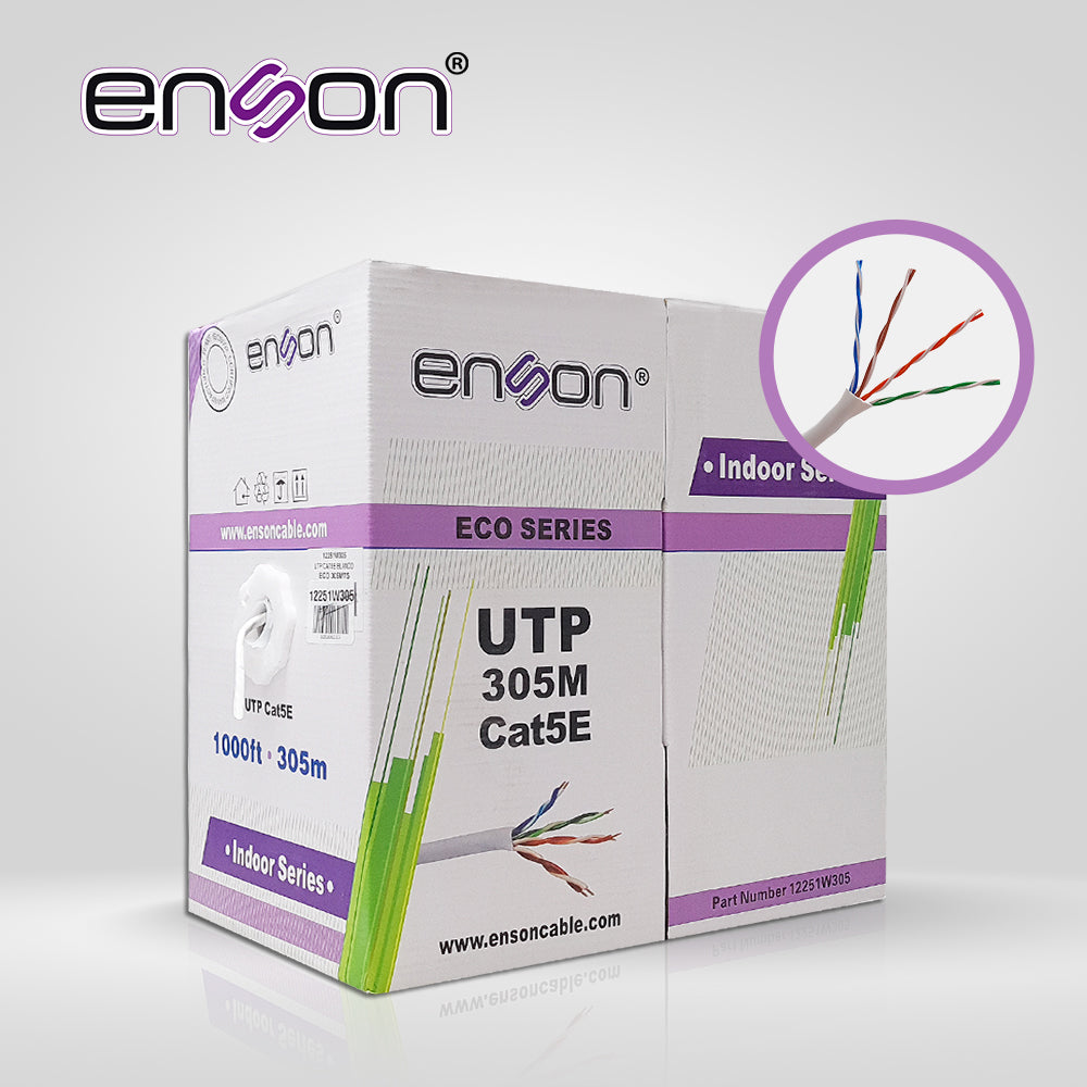 cable utp cat5e enson 12251w305 serie eco calibe 24 awg cca bobina de 305 metros forro pvc color blanco uso interior recomendado para transmision de datos base 10100