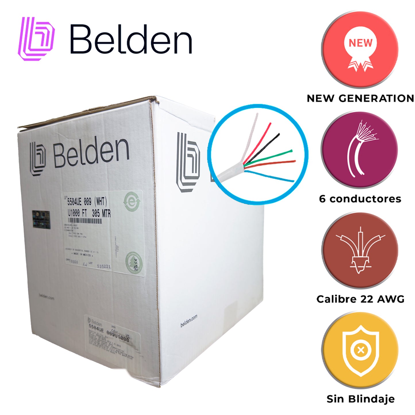 cable de seguridad y sonido belden 5504ue 009u1000 / interior / blanco / 6 conductores / 22 awg / multifilar / forro pvc / cmr / en caja / 1000 pies 305 metros