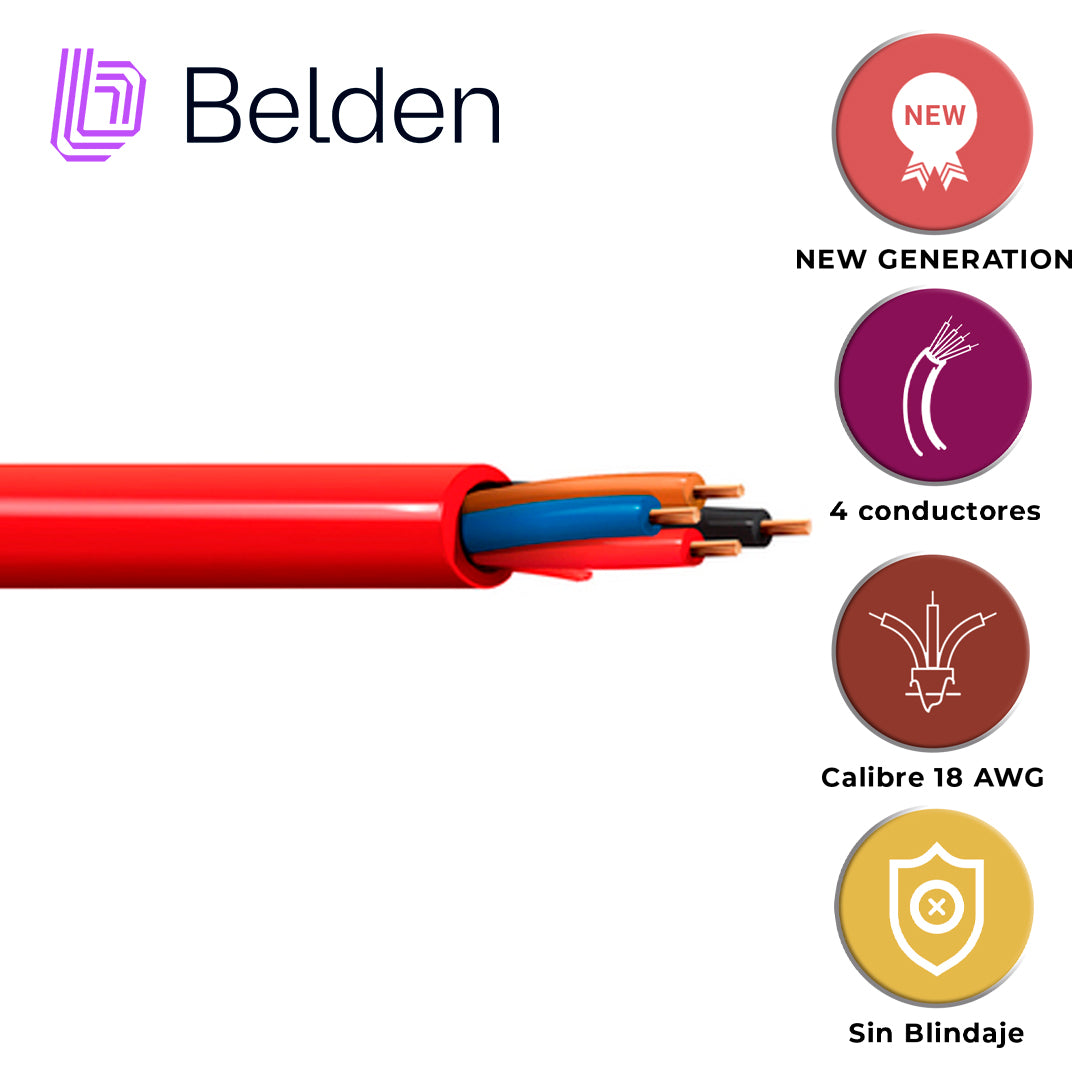 cable de alarma contra incendios belden 5302ul 002u1000 / interior / rojo / 4 conductores / 18 awg / solido / forro pvc / cmr - fplr / en caja / 1000 pies 305 metros