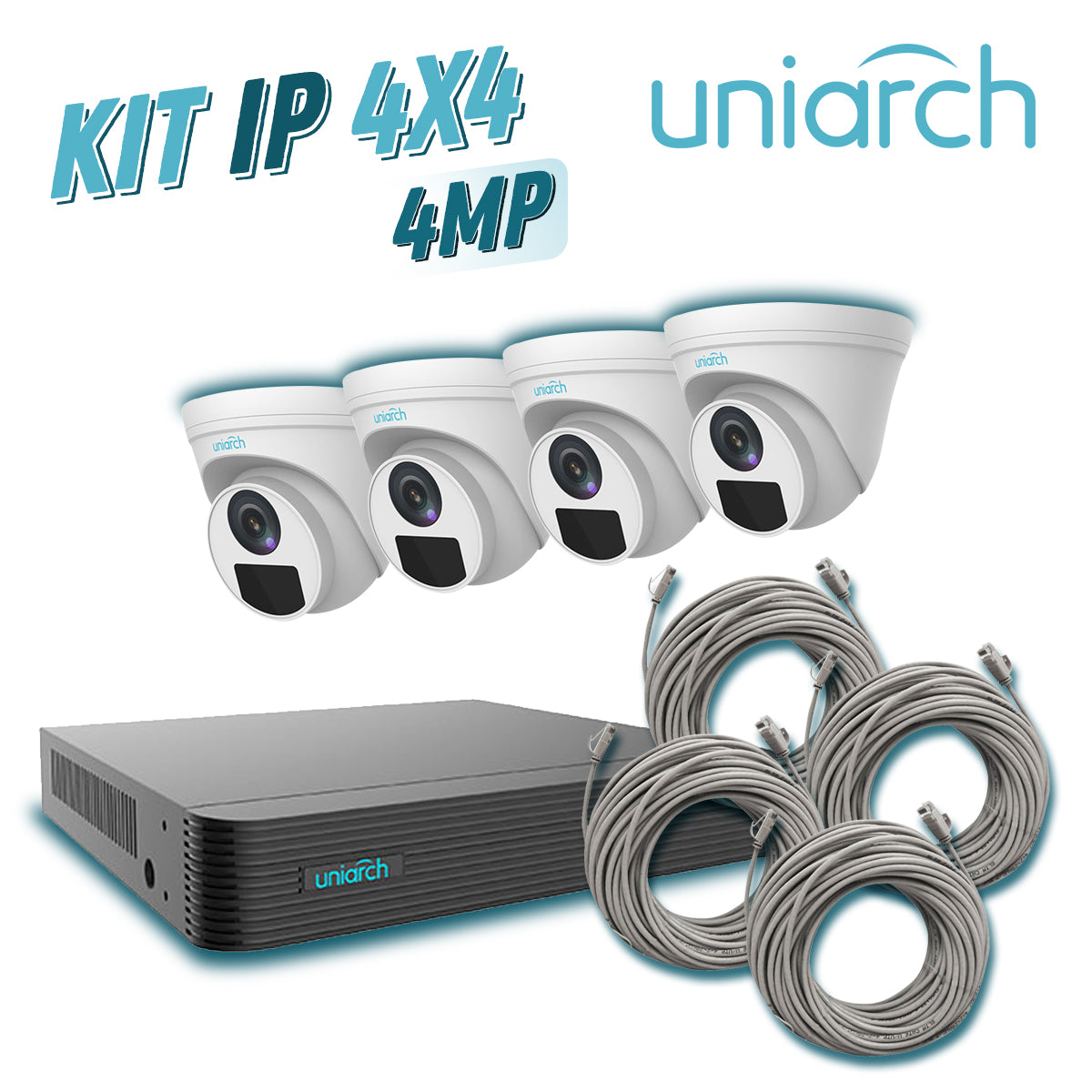 kit 4x4 uniarch ip turret interior / exterior 4mp 1080p incluye 1 nvr poe 4ptos + 4 cam turret ip 4mp 2.8mm slot microsd + 4 cables preponchados de 18mts