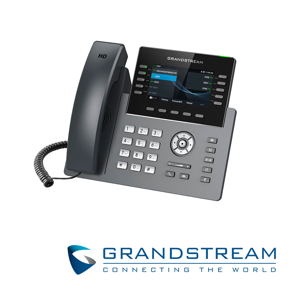 telefono ip grado carrier wifi 6 grandstream grp2615 / 16 cuentas sip / 10 lineas / pantalla color lcd tft / 2 puertos 10/100/1000mbps / hasta 40 teclas blf / wifi 802.11ac/ax / alimentacion poe af / 12vcd/1a