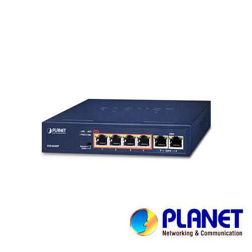 switch no administrable planet fsd-604hp / 6 puertos rj45 fast ethernet 10/100 mbps / 4 puertos con poe 802.3af/at (puertos 1 – 4) / 30w por puerto / dip switch (distancia de 100 y 250 metros) / 63 watts de consumo / recinto de metal.