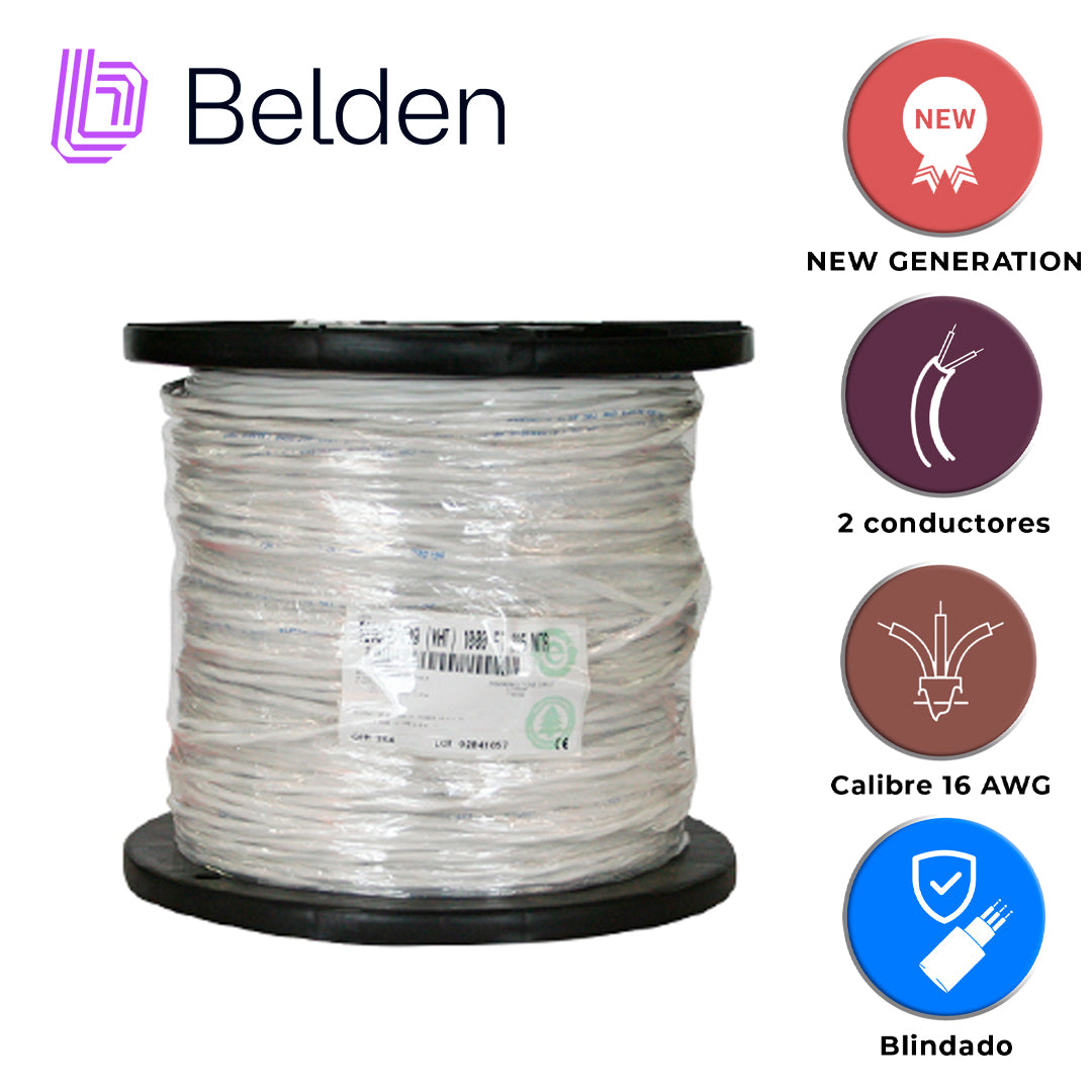 cable de audio comercial y seguridad belden 5200fe 0091000 / interior / blanco / 2 conductores / 16 awg / multifilar / forro pvc / cmr / blindado / bobina / 1000 pies 305 metros