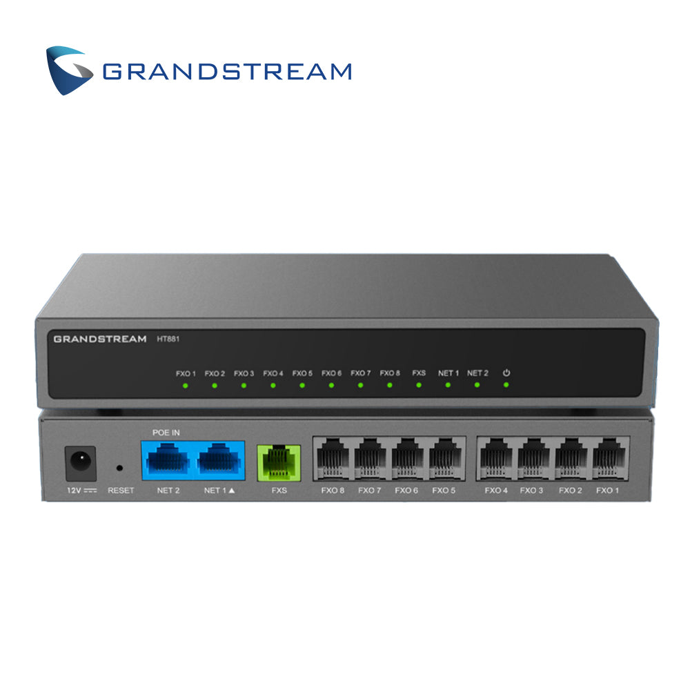 gateway fxo grandstream ht881 / 8 puertos fxo / 1 puerto fxs / 3 cuentas sip / conferencia 3 vias / soporta fax / alimentacion poe 802.3af/12 vcd/1a