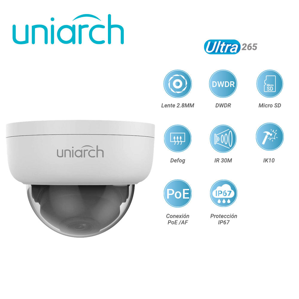 camara ip domo uniarch ipc-d124-pf28k / 4mp / ultra265 / lente 2.8 mm / dwdr / ranura para memoria sd hasta 128 gb / digital defog / ir 30m / ik10 / poe af / 12 vcd / ip67