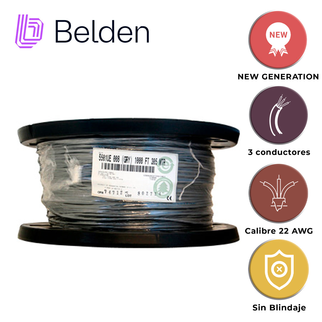 cable de audio comercial y seguridad belden 5501ue 0081000 / interior / gris / 3 conductores / 22 awg / multifilar / forro pvc / cmr / bobina / 1000 pies 305 metros