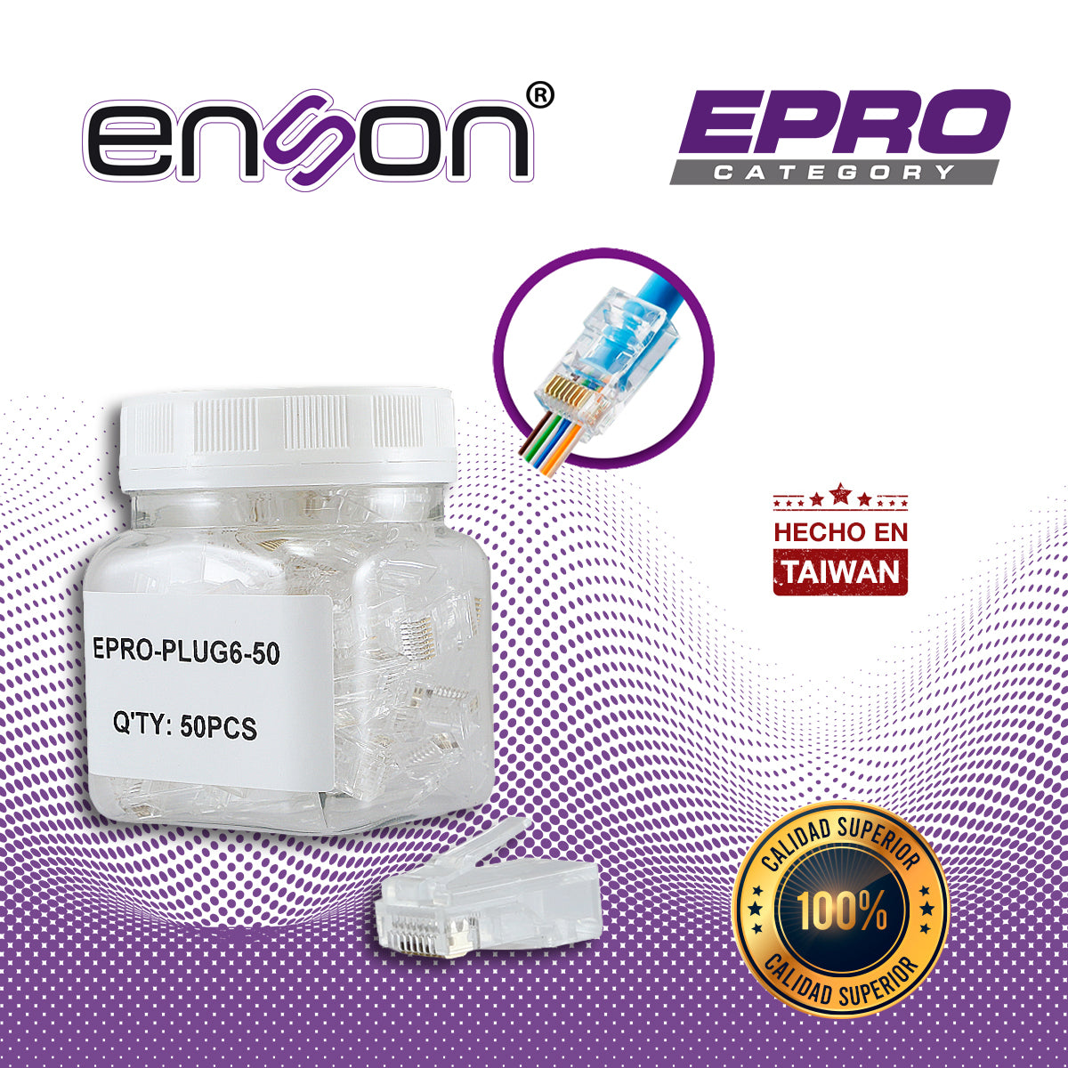 plug facil ponchado enson epro-plug6-50 bote de 50 pzs para cable utp cat6 con sistema de paso de cables passtru que facilita el ponchado de cable utp ya que se puede identificar errores de manera mas facil requiere uso de pinzas epro-plugtool