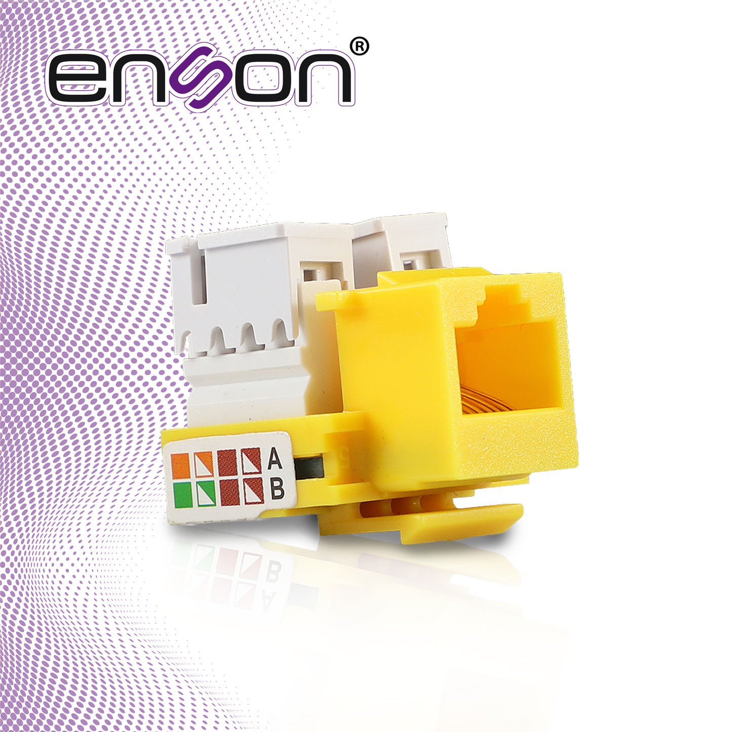conector jack enson ens-jc6ye cat6 color amarillo a 90 grados ponchado con pinzas y cubrepolvo