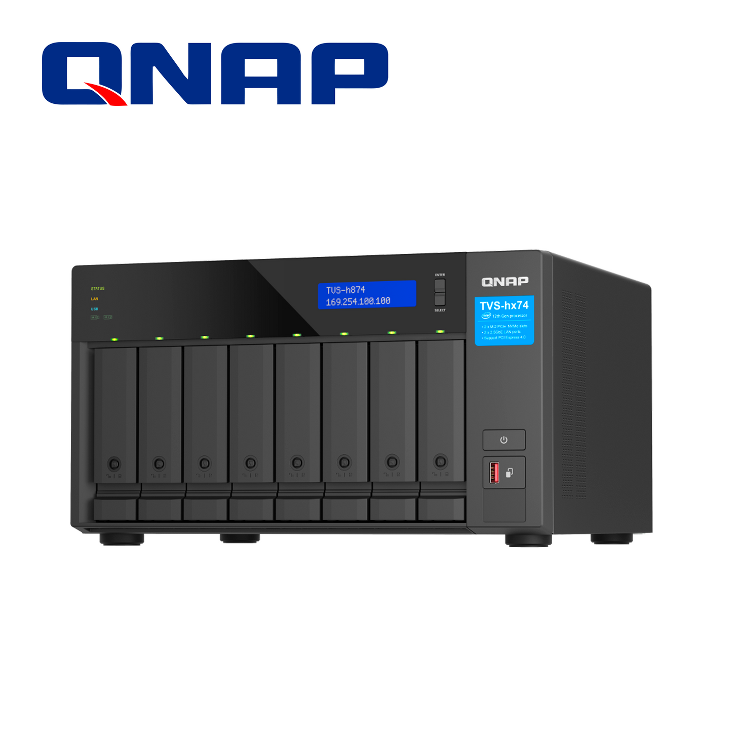 nas qnap tvs-h874-i7-32g-us / 8 bahias 3.5/2.5 / intel core i7 12c/20t / 32gb ddr4 / 2 m.2 nvme pcie gen4 / 2x 2.5gbe / pcie gen4 / hdmi 1.4b / usb 3.2 gen 2 / fuente 350w