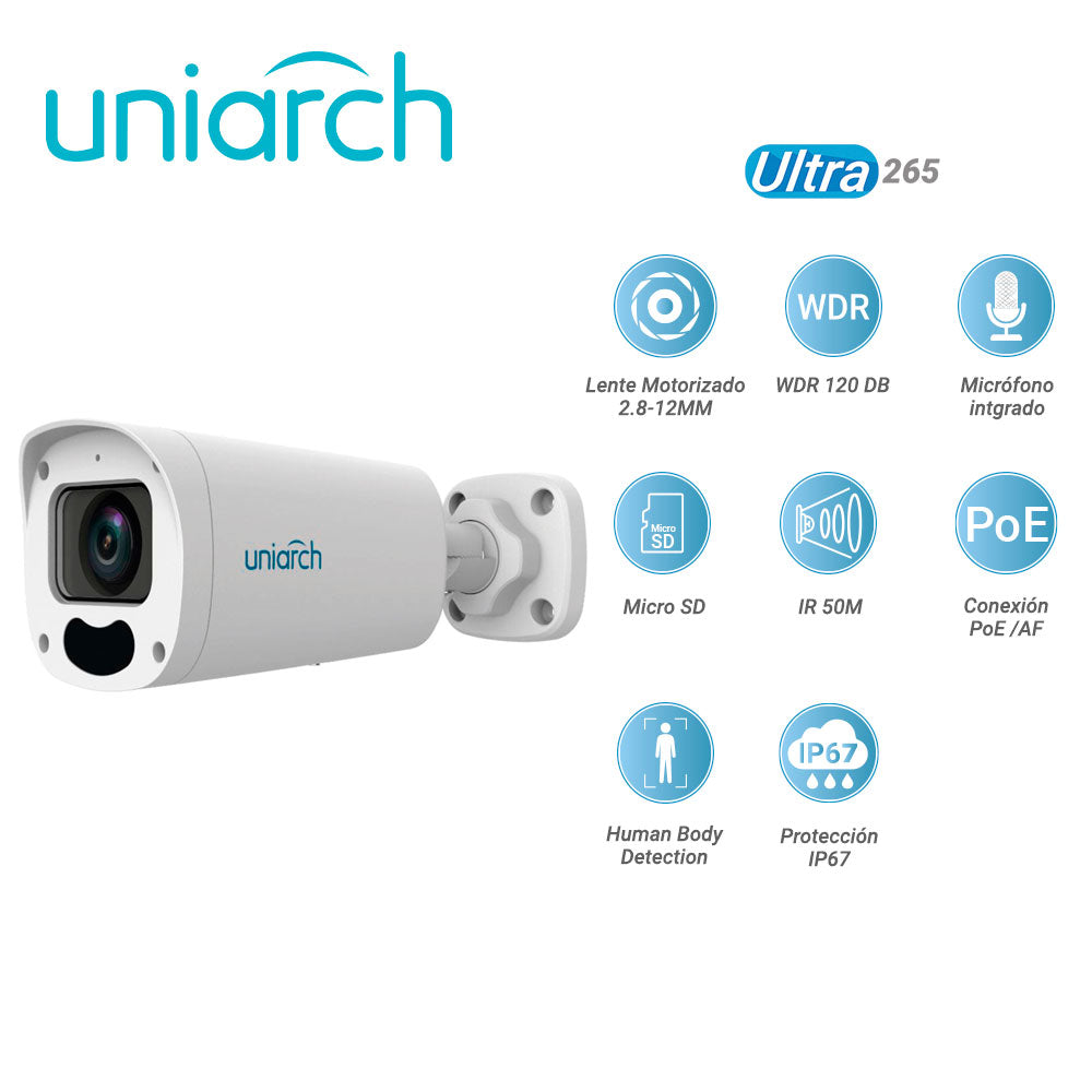 camara ip bullet uniarch ipc-b315-apkz / 5 mp/ ultra265 / lente motorizado 2.8-12 mm / wdr 120 db / microfono embebido / ranura para micro sd hasta 256 gb / ir 50m / poe af / 12 vcd / analitica human body detection / ip67