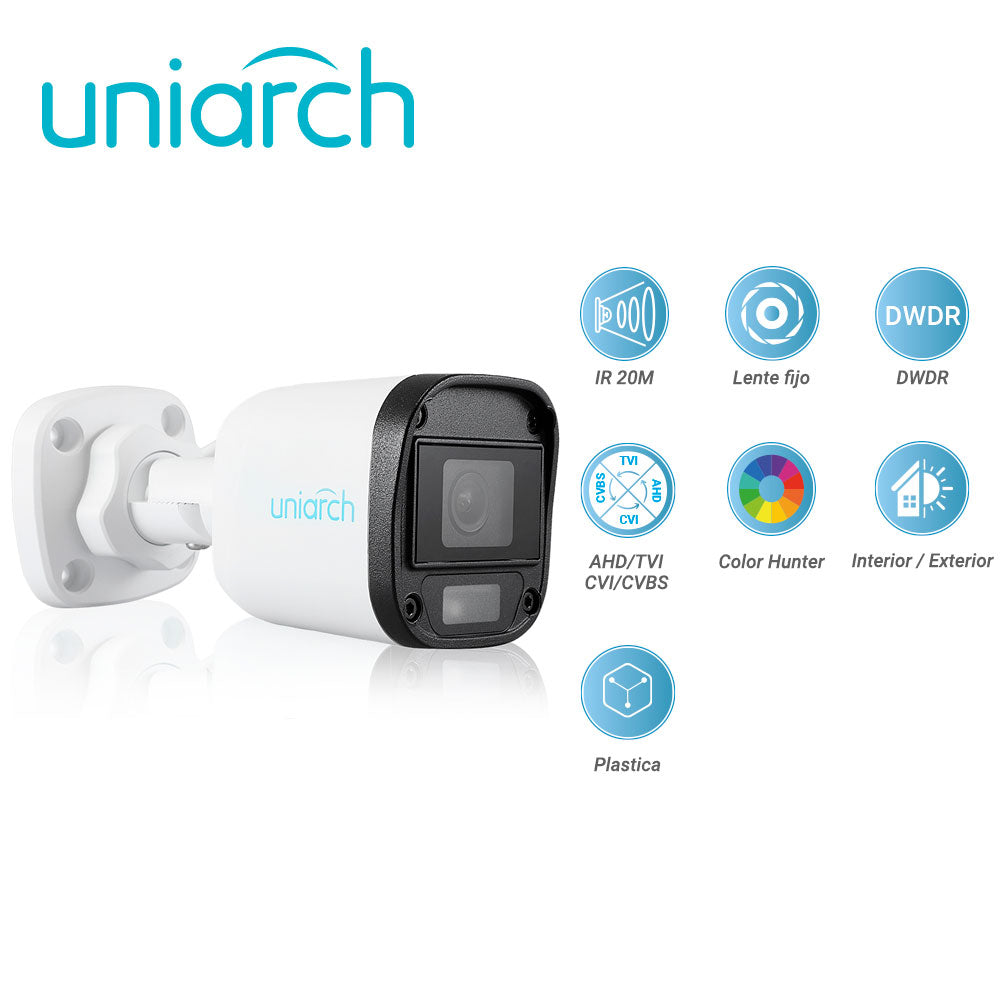 camara analoga mini bullet colorhunter uniarch uac-b115-f28-w / 5mp / tvi: 5mp@20fps / lente-2.8mm / dwdr / ir20m / admite-giro180grados(horizontal+vertical) / plastica / ip67 / 12 vcd