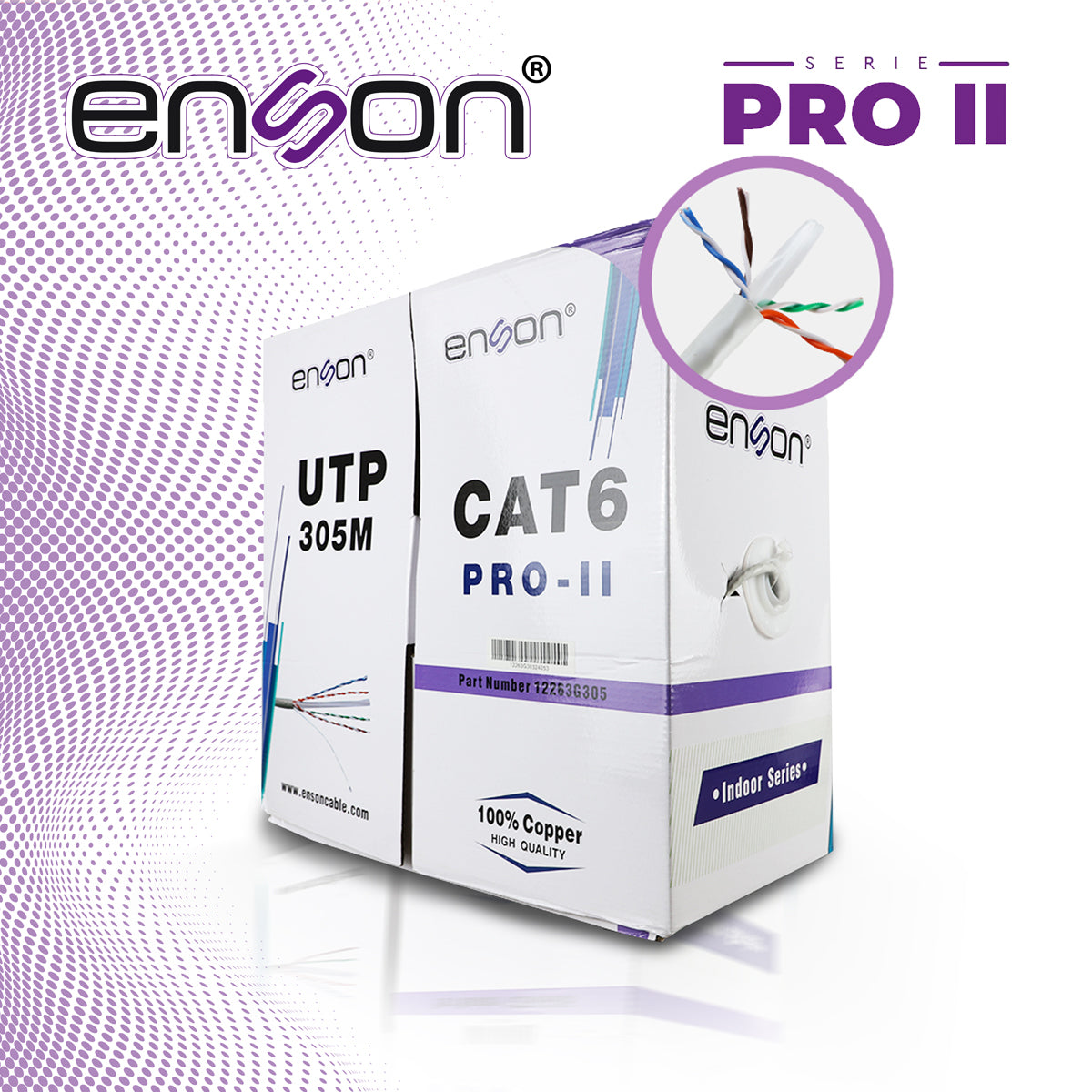cable utp cat6 enson 12263g305 serie pro-ii calibe 23 awg 100% cobre de alto rendimiento bobina de 305 metros forro pvc color gris uso interior recomendado para cctv video ip y redes base 101001000