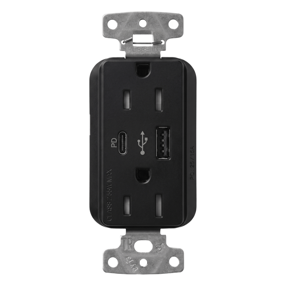 Receptáculo con USB Tipo A y C de 15 A 125 V, Power Delivery hasta 55 W, línea Claro acabado satinado Midnight