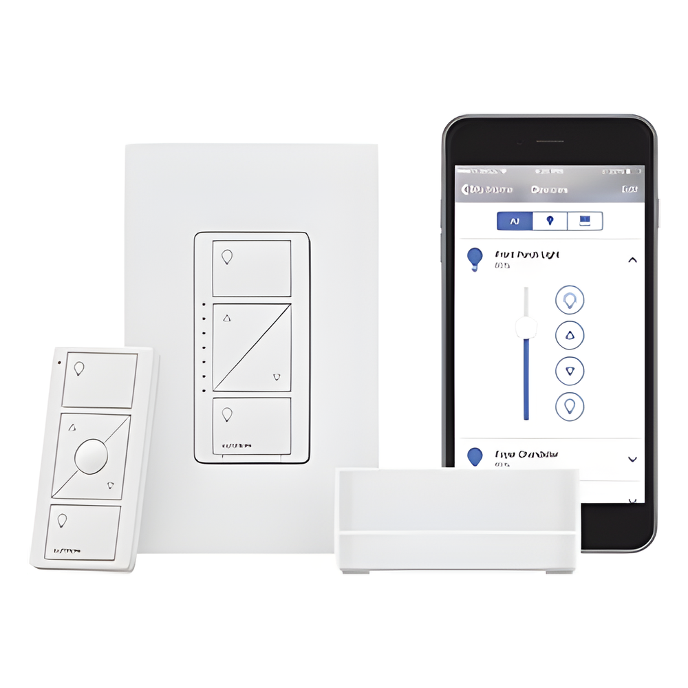 Kit de inicio Caseta Wireless con hub Smart Bridge Pro, atenuador de pared de 120 V, control remoto Pico y placa Claro, compatible con Apple HomeKit, Alexa y Google Assistant