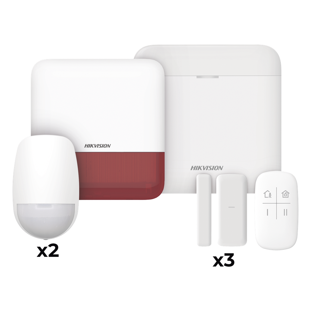 (AX PRO) KIT de Alarma AX PRO con GSM (3G/4G) / Incluye: 1 Hub con bateria de respaldo / 2 Sensores PIR / 3 Contactos Magnéticos mini / 1 Control Remoto / 1 Sirena estrobo Roja Inalambrica Exterior / WiFi / Compatible con Hik-Connect P2P