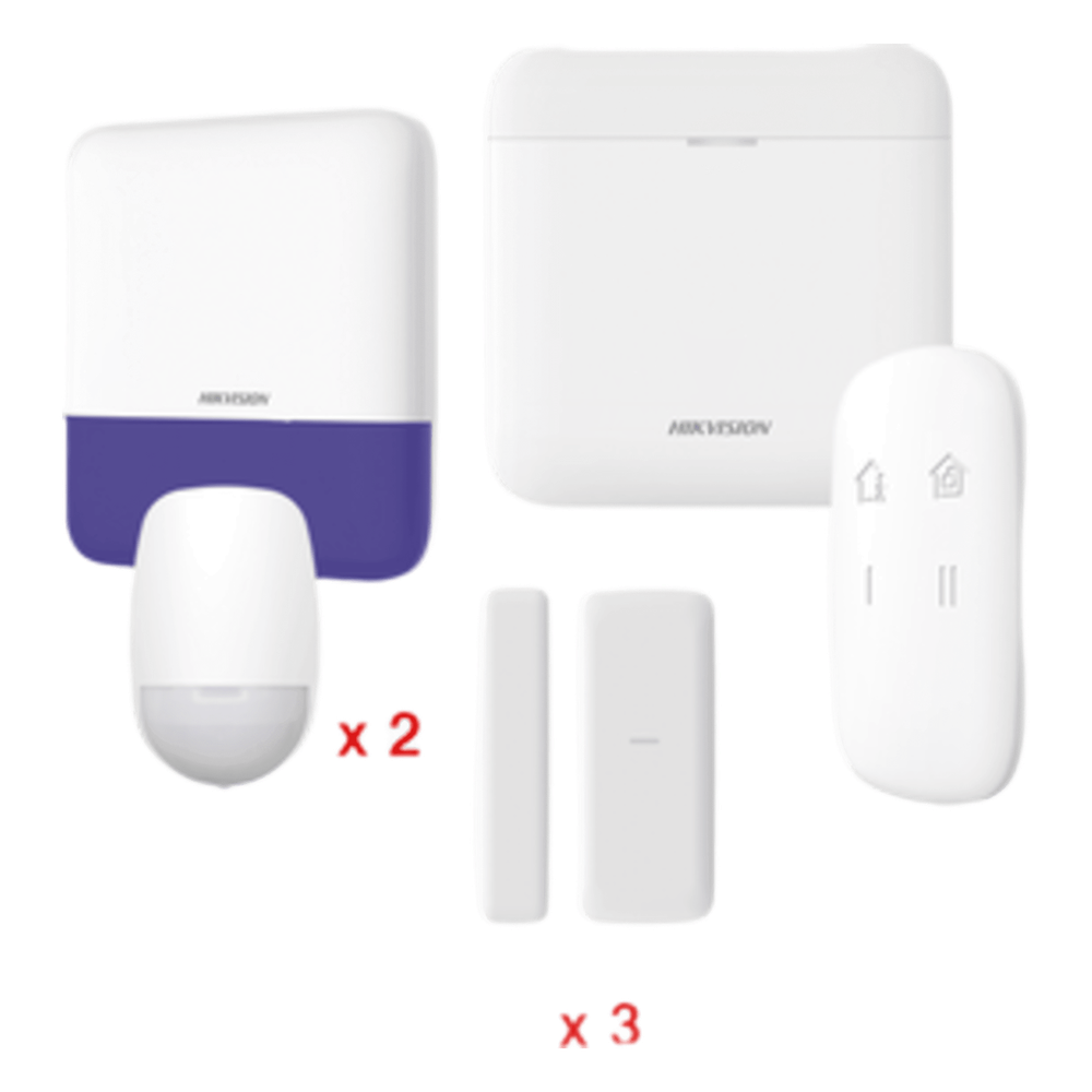 (AX PRO) KIT de Alarma AX PRO / Incluye: 1 Hub con batería de respaldo / 2 Sensores PIR / 3 Contactos Magnéticos mini / 1 Control Remoto / 1 Sirena Inalambrica Exterior / WiFi / Compatible con Hik-Connect P2P