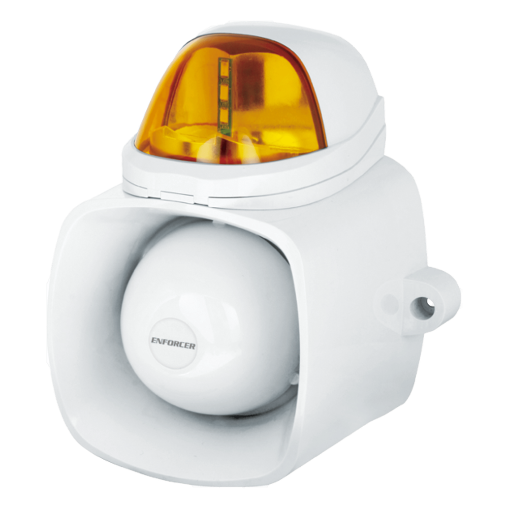 Sirena / Luz Estroboscópica Autónoma / Color Ambar 4 en 1 / IP65 / Uso Interior y Exterior / 12 Vcd / Múltiples Tipos de Notificación / Estroboscópica, de Sirena o de Audio /