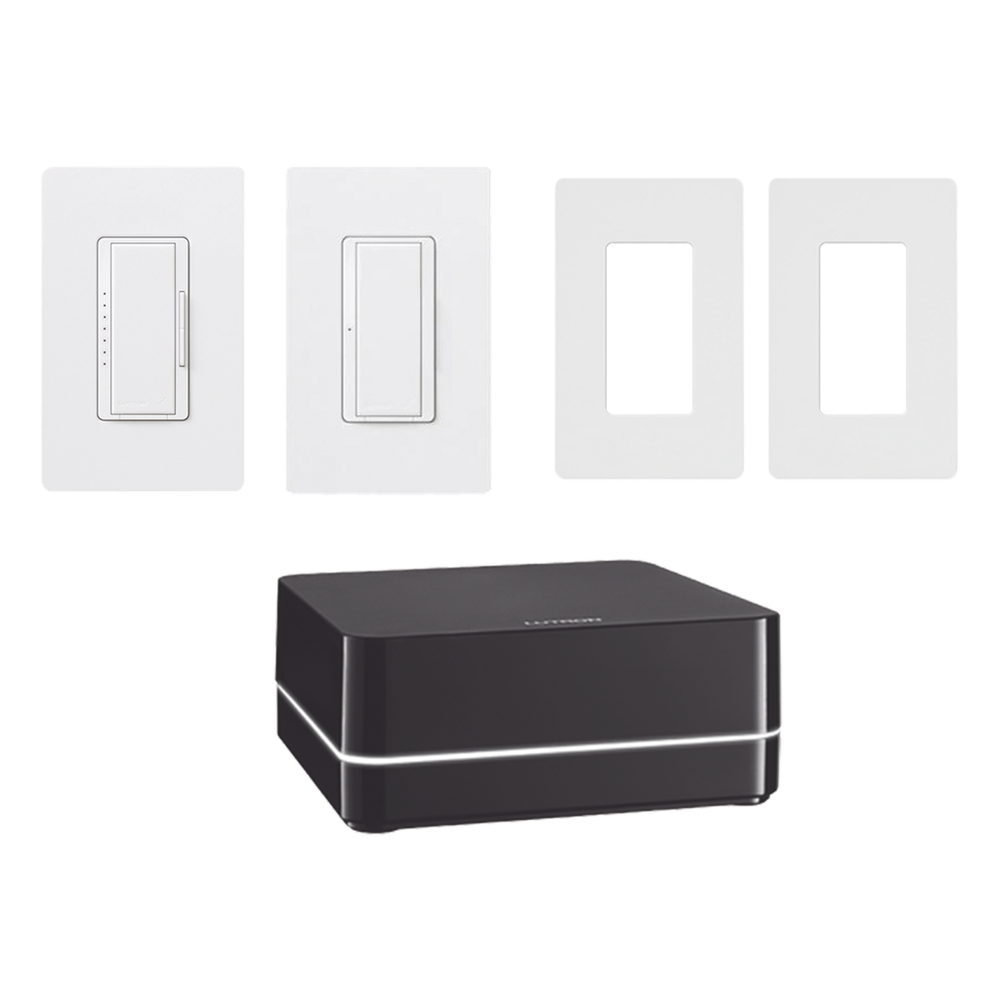 Kit de control de iluminación RA2 Select con repetidor principal, atenuador de 600 W, interruptor de 8 A y dos placas Claro, control desde la app Lutron y asistentes de voz