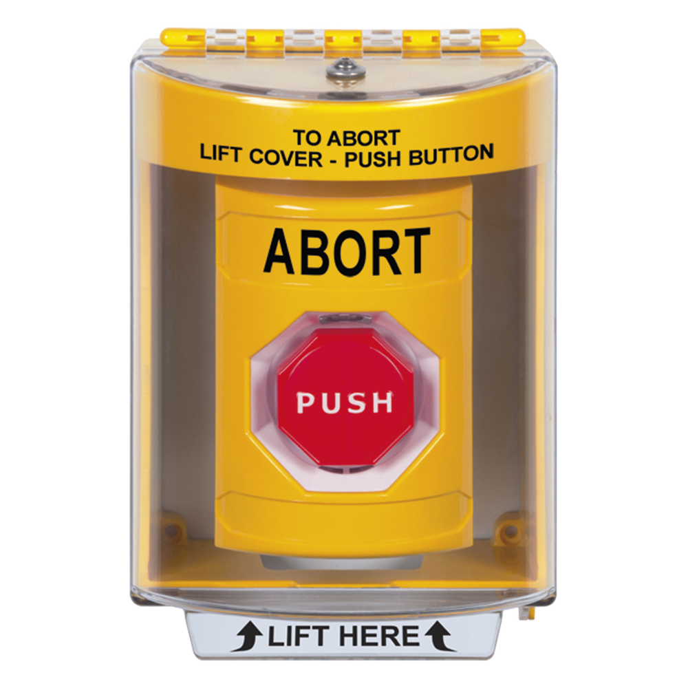 Botón de Abortar, Texto en Ingles, Tapa Protectora de Policarbonato Súper Resistente, Momentaneo