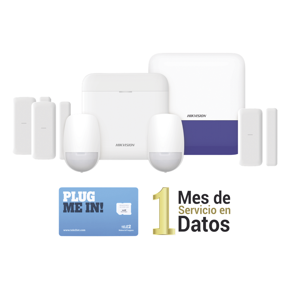 (AX PRO) KIT de Alarma AX PRO con GSM (3G/4G) / Incluye: 1 Hub / 2 Sensores PIR / 3 Contactos Magnéticos mini / 1 Control Remoto / 1 Sirena Inalambrica Exterior / 1 WiFi / 1 MICROSIM30M2M con 1 mes de servicio/Compatible con Hik-Connect P2P