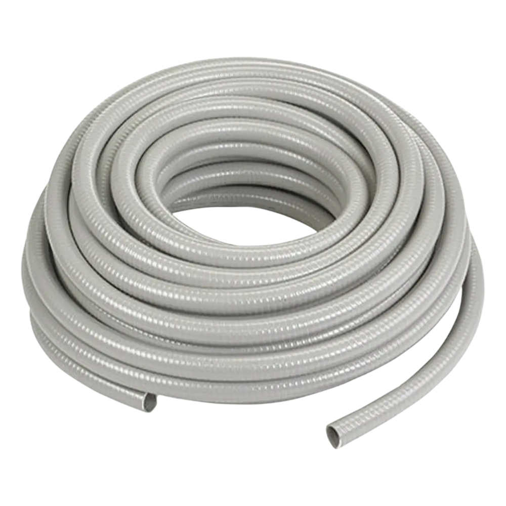 Manguera hermética flexible tipo PolyTuff no metálica, gris de 1/2", 100 pies. Uso comercial/industrial.