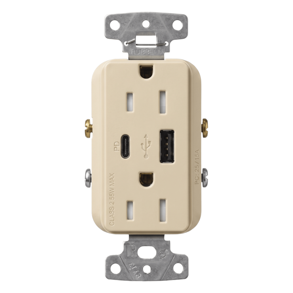 Receptáculo Claro con dos puertos USB Tipo C, 15 A 125 V, Power Delivery hasta 55 W