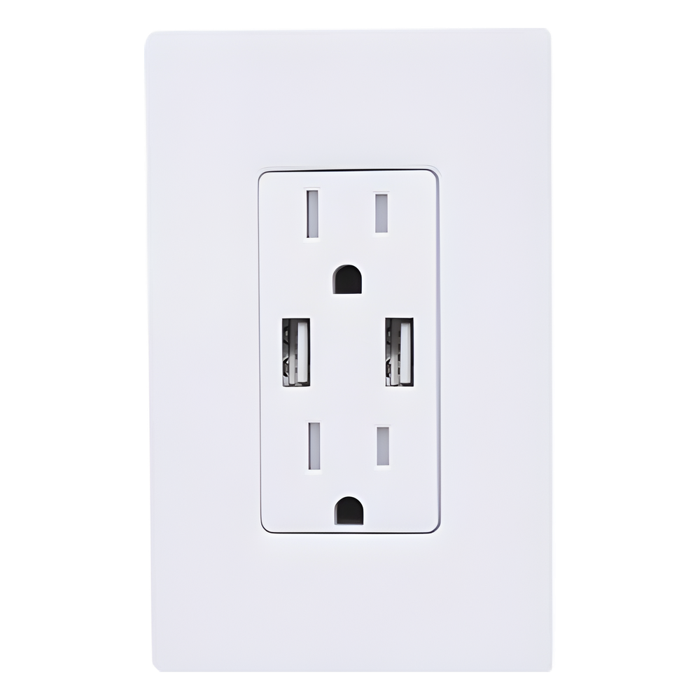 Tomacorriente dúplex 15 A 125 V con dos puertos USB tipo A de 3.8 A combinados, resistente a manipulaciones, estilo Designer Claro en color blanco