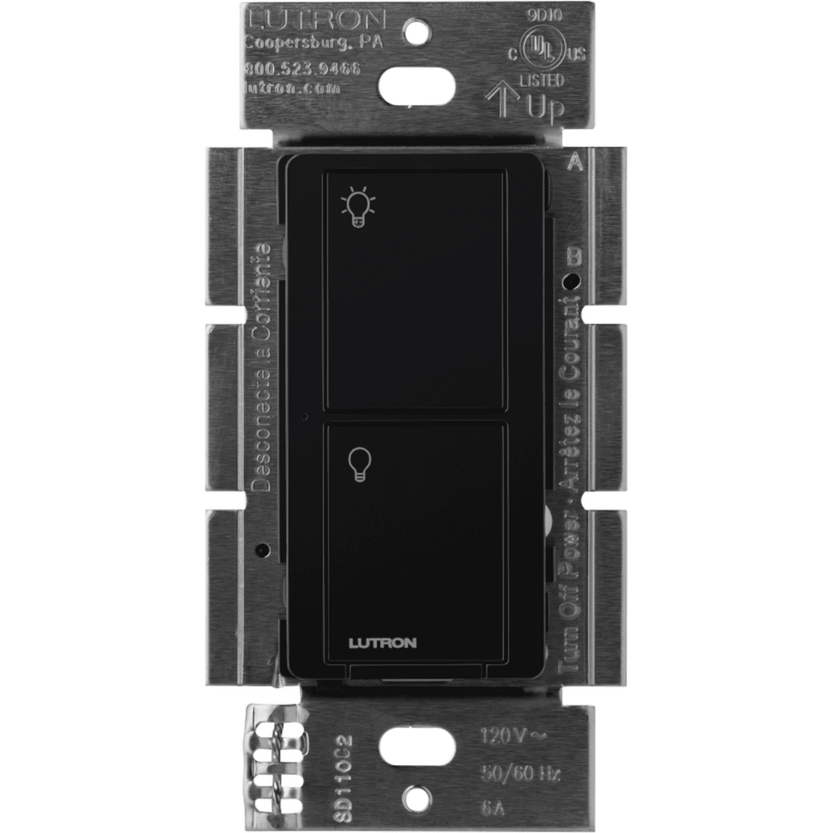 Interruptor de pared inalámbrico on/off de 2 botones, 5 A para LED/CFL, voltaje dual 120/277 V sin cable neutro, compatible con control Pico y sensores Radio Powr Savr