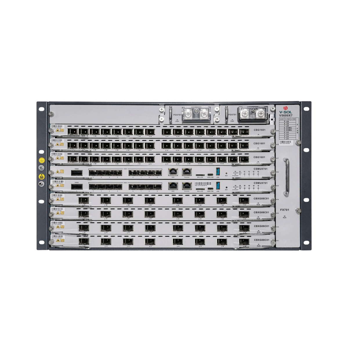 OLT Modular tipo Chasis GPON/XGS-PON Combo, 7 Ranuras de Servicio, Incluye 1 Tarjeta de Servicio de 16 puertos GPON