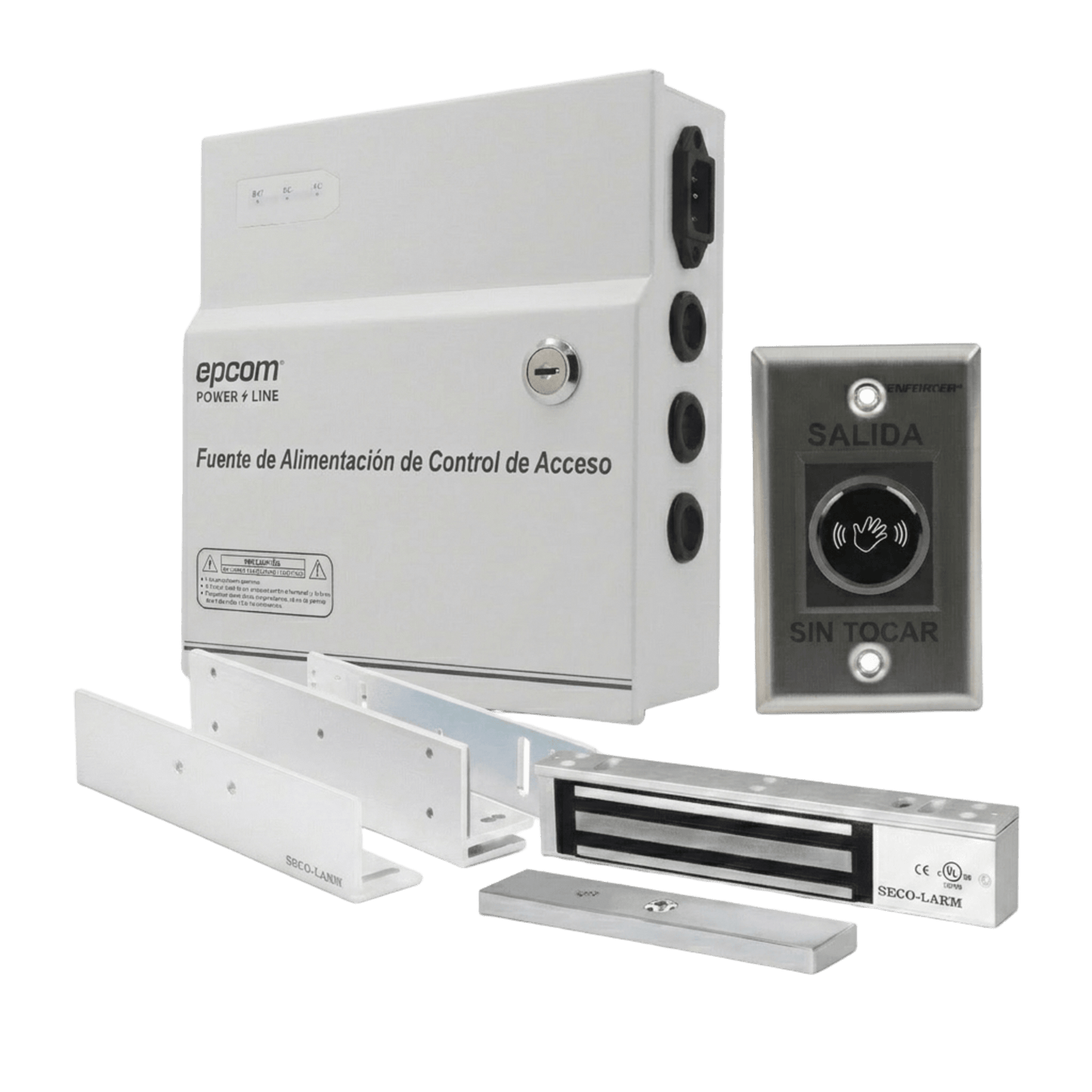 Kit para Control de Acceso Incluye Fuente de 12VCD / Soporta Batería de Respaldo/ Chapa Magnética de 600Lbs / Montajes L y Z / Botón de salida / Certificación UL y ETL