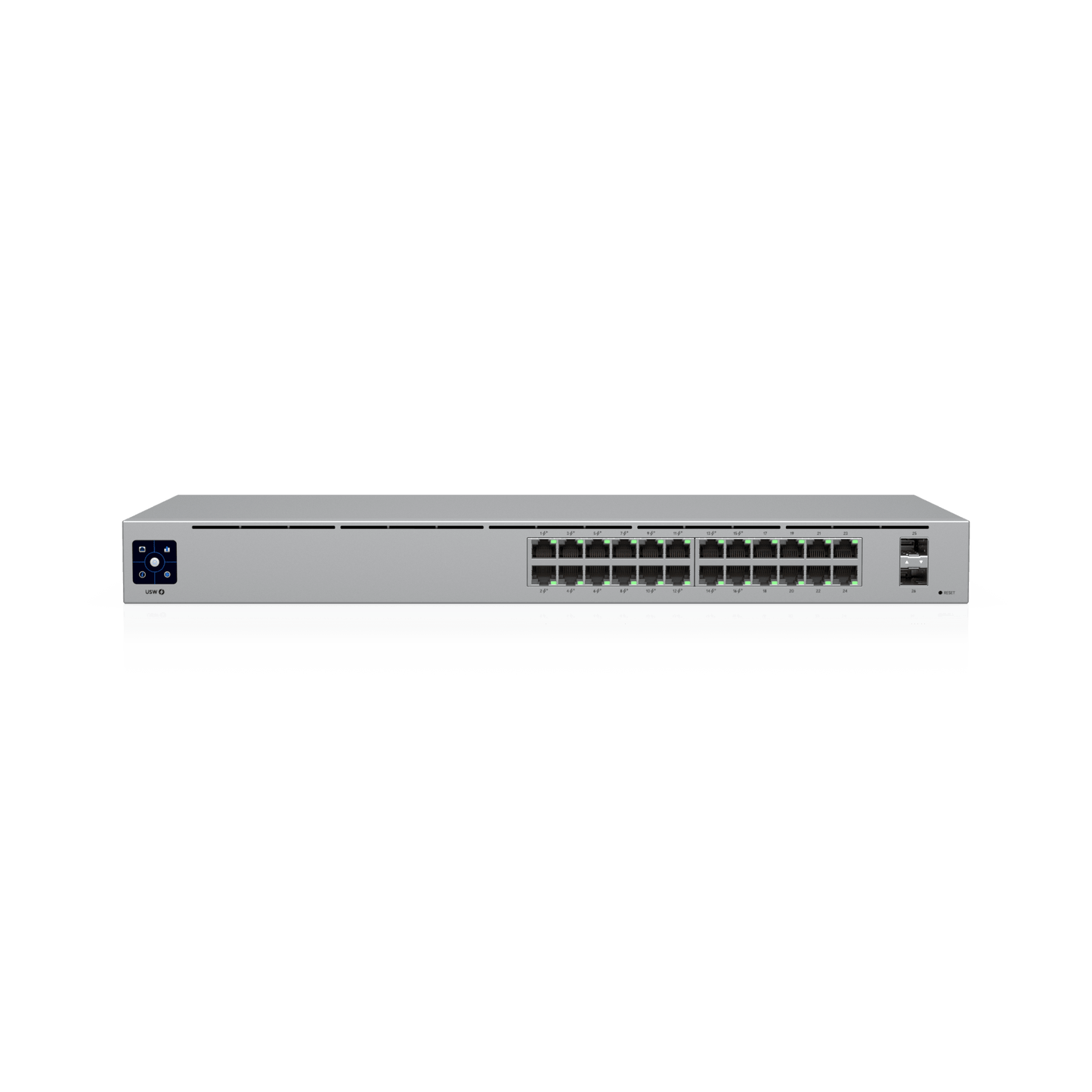 Switch UniFi Capa 2 / 24 Puertos Gigabit / 16 Puertos PoE+ 802.3af/at / 95W Total / 2 Puertos SFP 1G / Pantalla LCM / Sin Ventilador