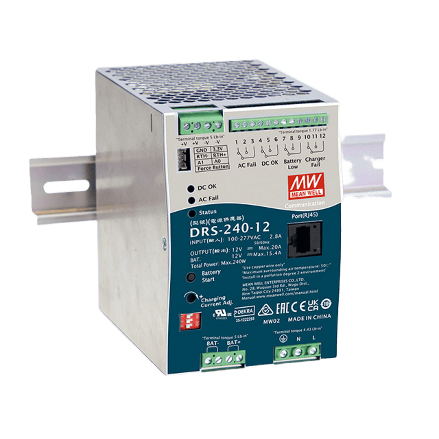 Fuente de Poder Industrial de 240W con Cargador de Baterías, salida 12Vcc, 20A, para montaje Riel Din