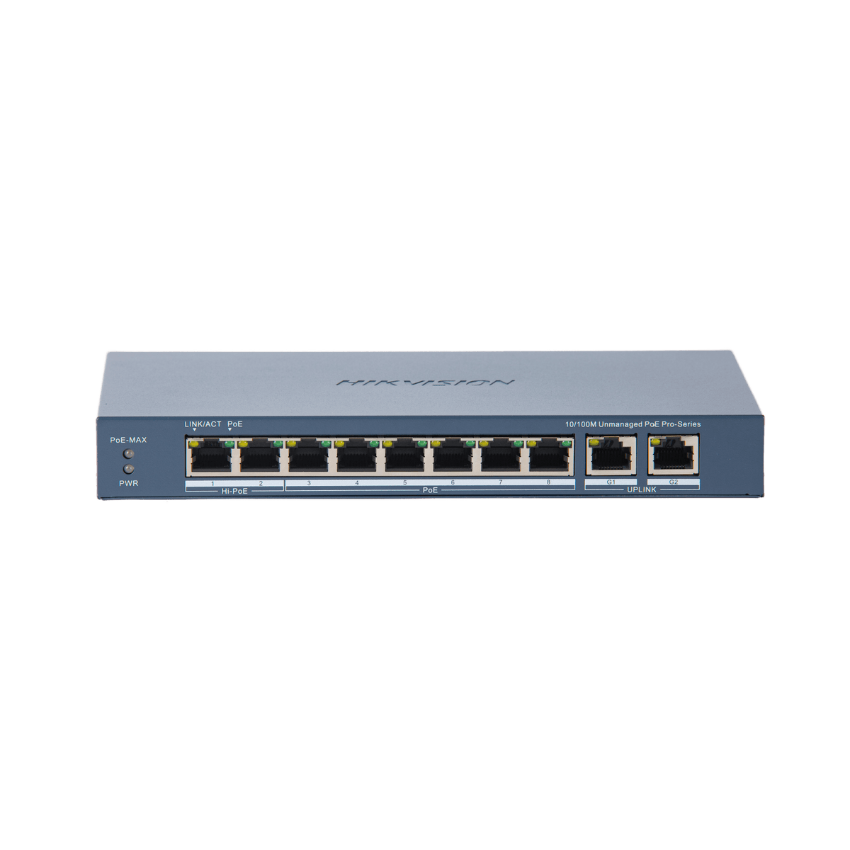 Switch PoE+ / No Administrable / 7 Puertos 10/100 Mbps 802.3 af/at (30 W) / 1 Puerto 10/100 Mbps Hi-PoE (90 W) / 2 Puertos 1000 Mbps Uplink / Modo Extendido hasta 300 Metros / 110 Watts
