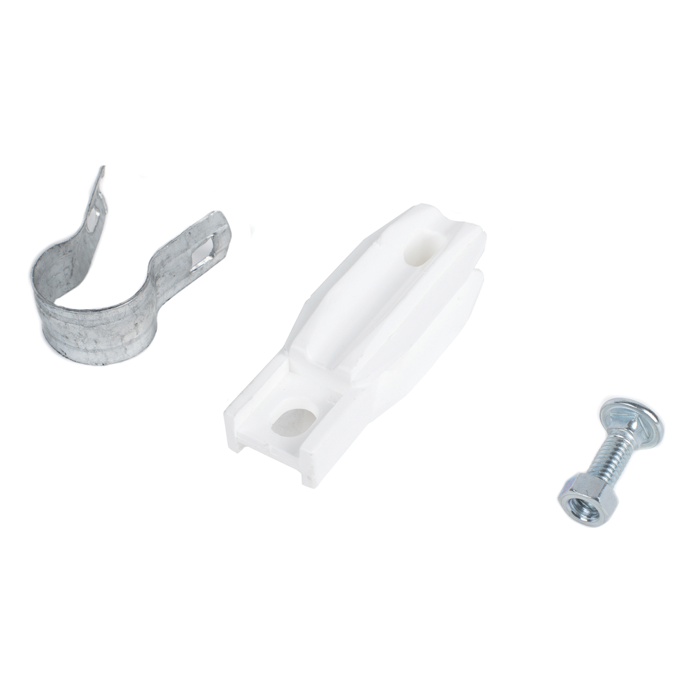 Aislador de Paso o Esquina Blanco con Abrazadera / 1 Pulgada (25 mm) / Resina Virgen 100% / Anti-Arqueo / Acero Galvanizado / Poste Cerco Eléctrico