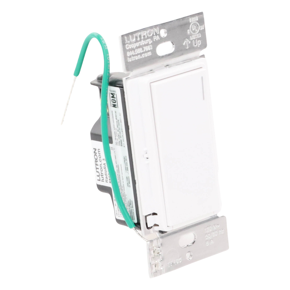 Apagador electrónico Sunnata de encendido y apagado, 8 A en iluminación y motores de 1/4 HP a 120 V, requiere neutro, color blanco brillante, para sistema RadioRA 3