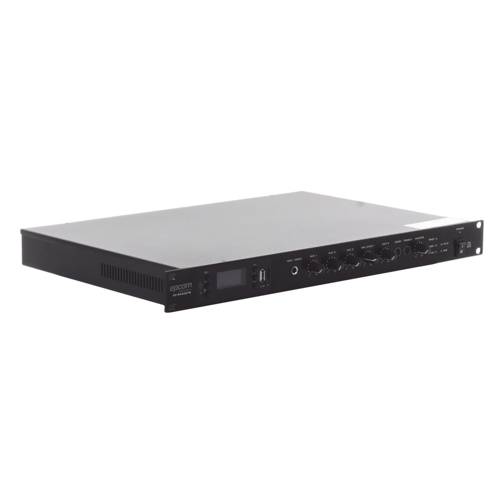 Amplificador de Audio | 1 canal | 350 W | Sistema 100V y Baja Impedancia | 4 Entradas de Micrófono Balanceadas | Bluetooth | USB | SD | FM | Montaje en Rack