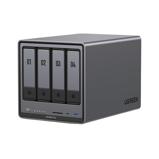 NAS UGREEN NASync DXP4800 Plus / Procesador Intel Pentium Gold 8505 5 Núcleos / 4 Bahías SATA + 2 M.2 NVMe PCIe 4.0 / 8GB DDR5 Expandible a 64GB / 10GbE + 2.5GbE / USB 3.2 Gen 2 Tipo C / HDMI 4K / Sistema Almacenamiento Conectado Red